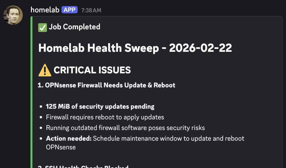 Discord notification from a herdctl agent reporting daily security audit findings including critical firewall issues